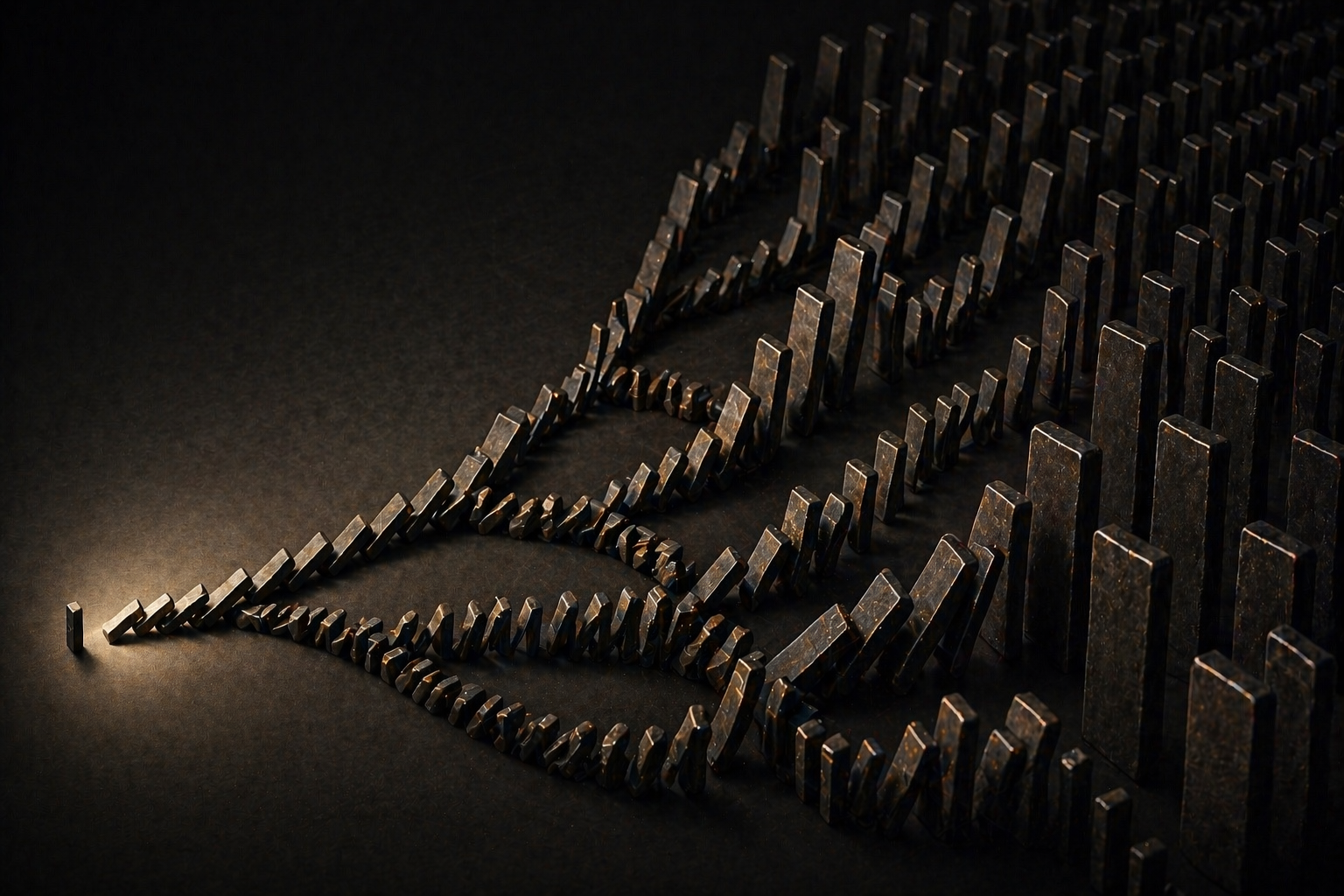 A single domino has fallen and triggered a cascading chain reaction through rows of bronze dominoes arranged in sweeping, multiplying arcs across a dark surface.