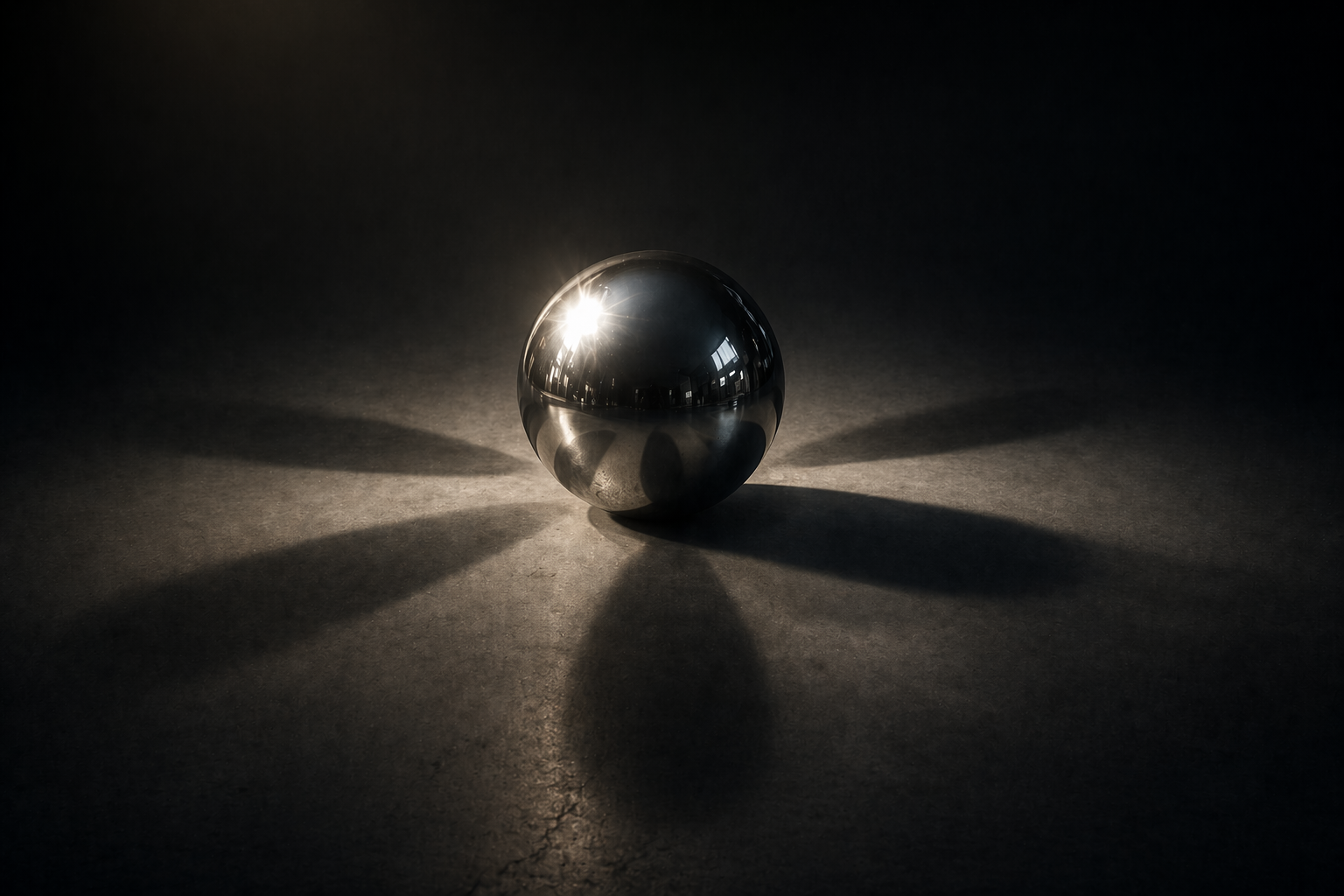 A polished chrome sphere reflects intense light and draws attention, while multiple shadows spread outward in different directions from a single light source, hinting at hidden system behavior beneath the surface.