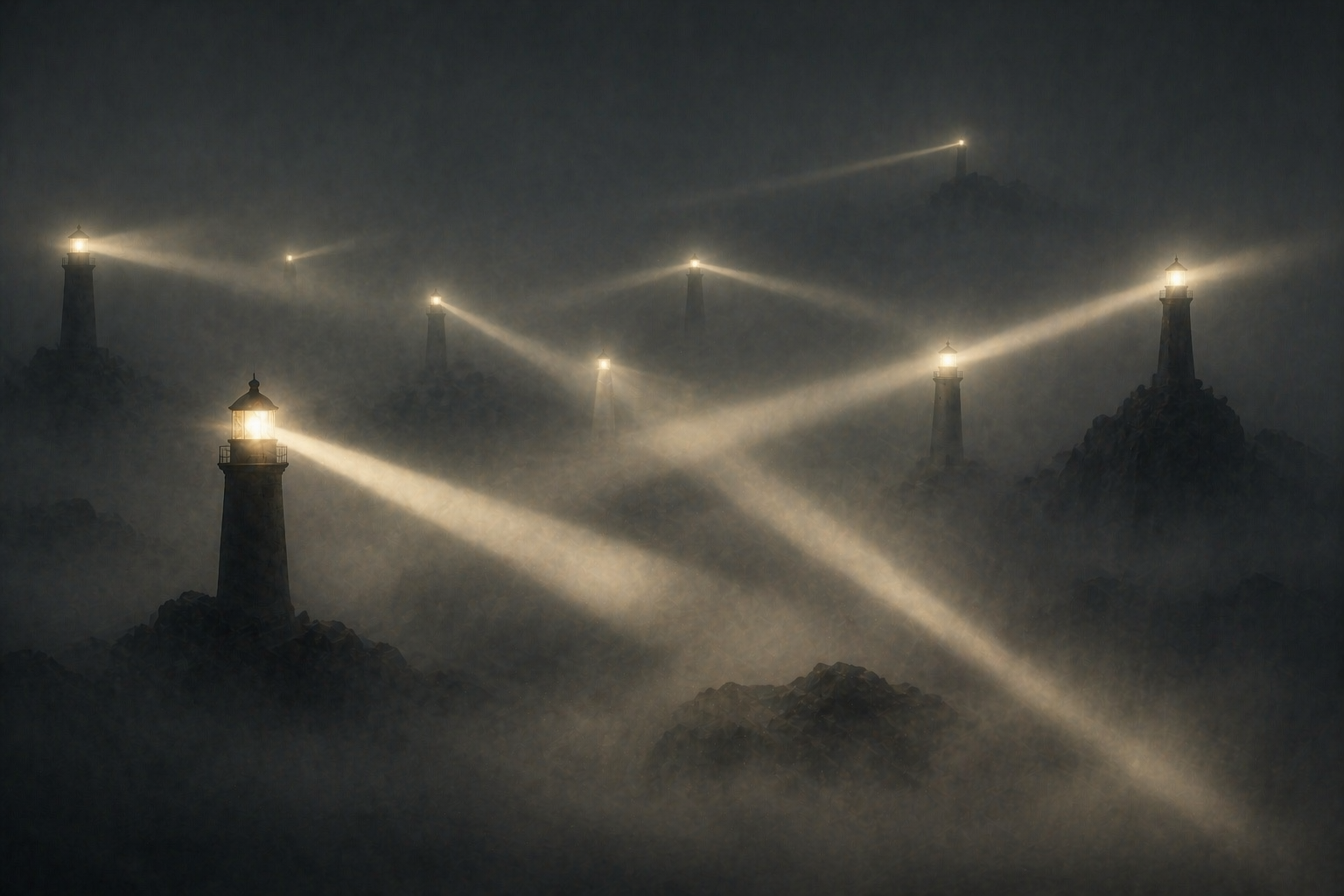 Multiple lighthouse beams cut through dense fog in conflicting directions while a single faint distant lighthouse emits a subtle correct beam easily overlooked in the noise.