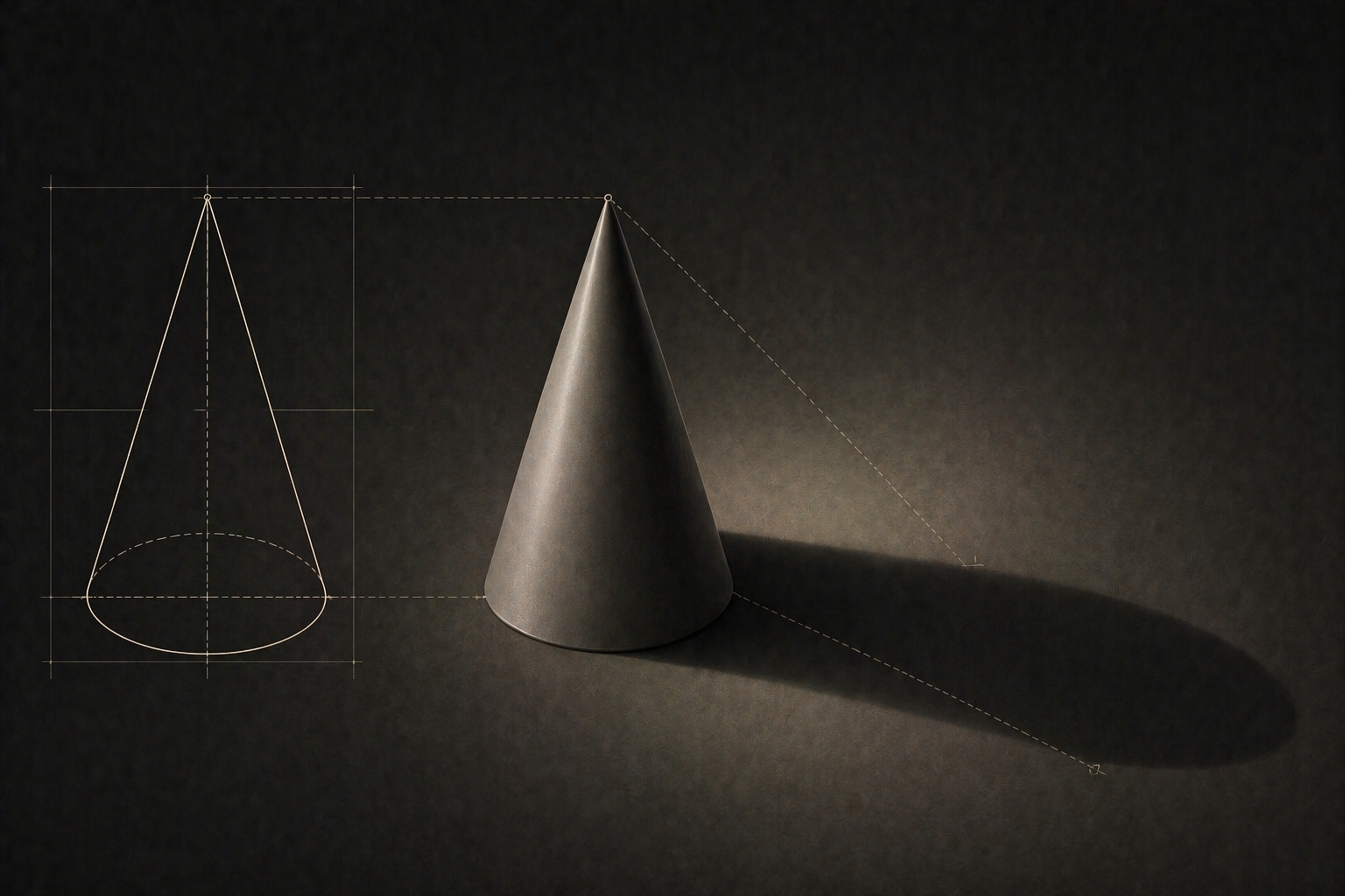 A precise blueprint of a cone transitions into a clean 3D object, but its shadow subtly deviates from the true projection, revealing a quiet mismatch between design and behavior.