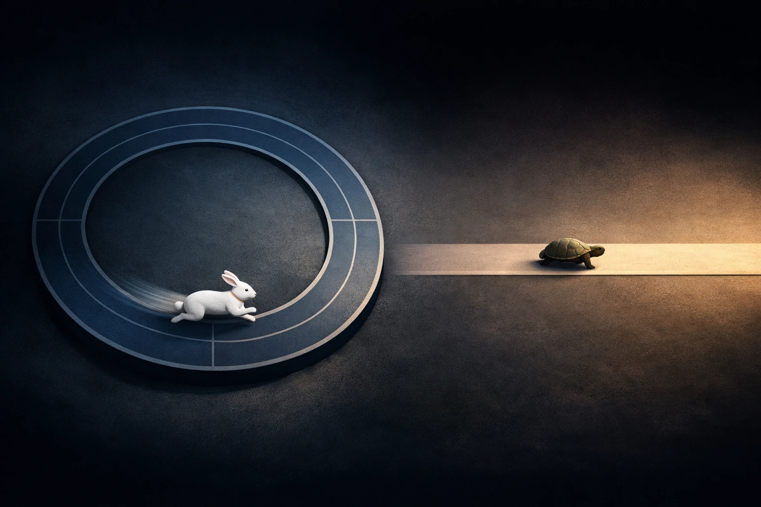 A rabbit runs in a perfect loop while a turtle moves slowly forward on a straight path against a dark background.
